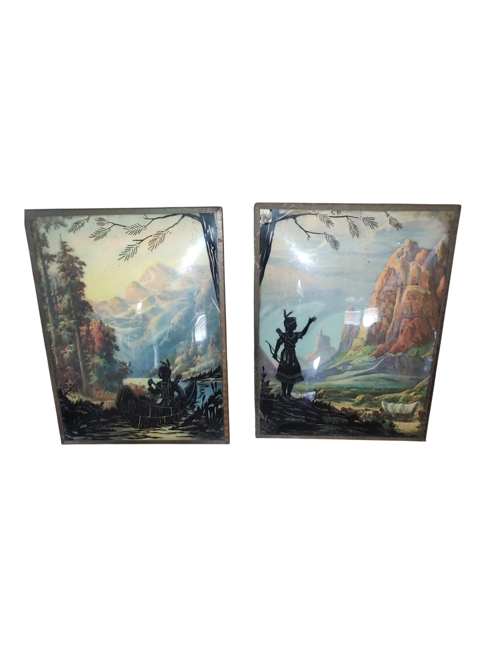 Pair 1940's Native American Indian Reversed Silhouette Convex Pictures Southwest
